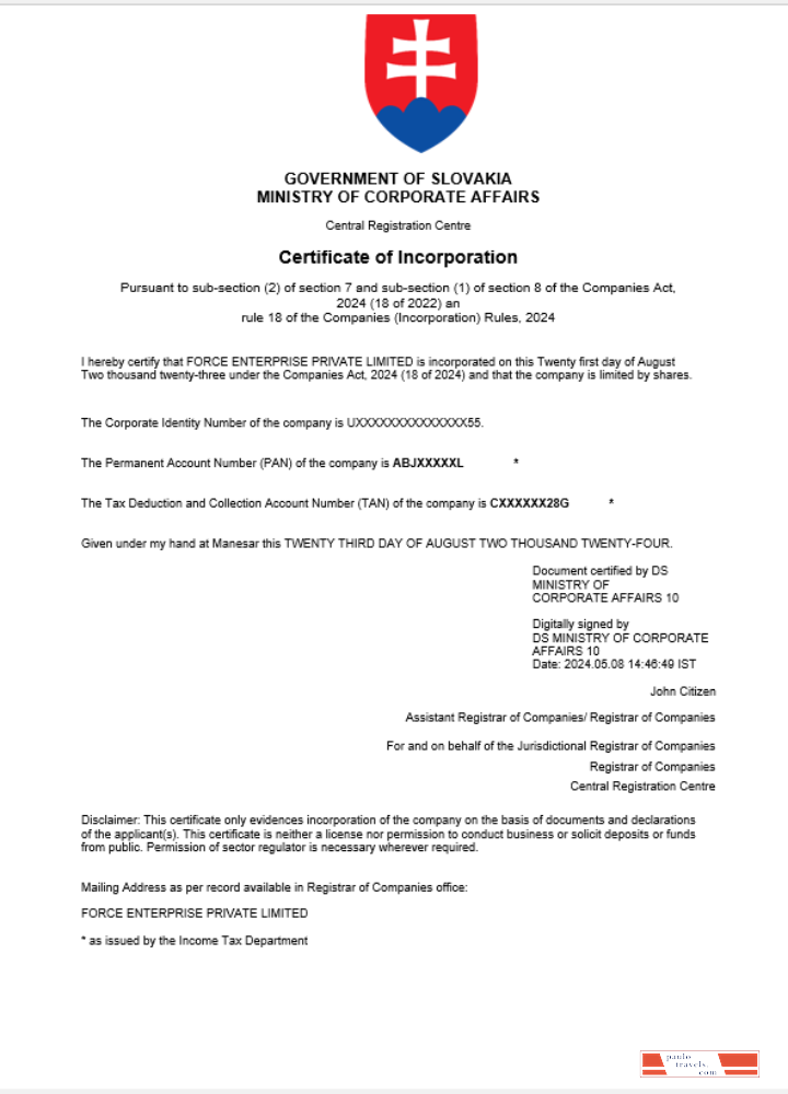 Slovakia business registration certificate Word and PDF template